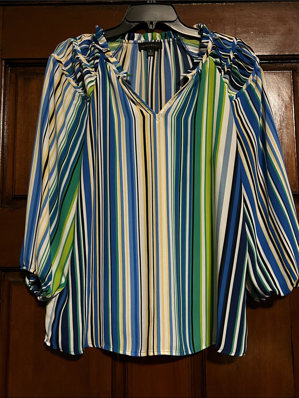 Investments Striped V-Neck Blouse in Blue, Green & White